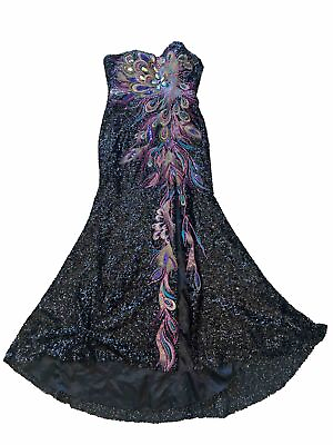 #ad Fiesta Peacock Sleeveless Sequins Long Cocktail Dress Women M Black