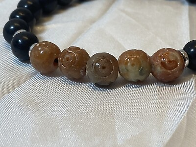 #ad Stretch Bracelet Sandstone and Black Stone Beads Silver Tone Spacer Beads 6.5quot;