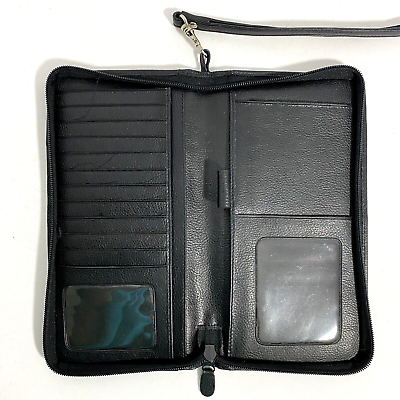 #ad Black Leather Long Travel Passport Wallet Zip Close Detachable Wrist Strap 9.5”