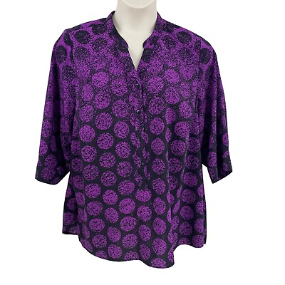 #ad Catherines Womens Top Blouse Purple Black Size 0X 14 16 V Neck Button 3 4 Sleeve