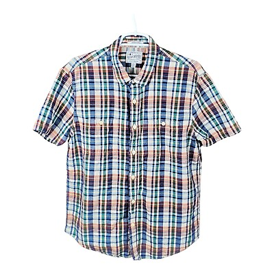 #ad Lucky Brand Mens Short Sleeve Linen Blend Plaid Button Down Shirt Size Large