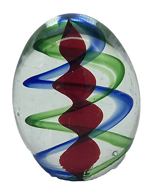 #ad Art Glass Multicolor Swirl Paperweight Clear Green Blue amp; Red Egg *Condition