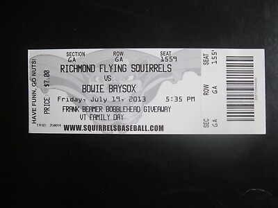 #ad 2013 Richmond Flying Squirrels AA Ticket Stub Frank Beamer Bobblehead Night