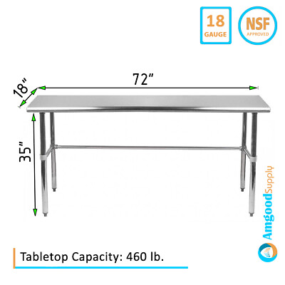 #ad 18quot; X 72quot; Stainless Steel Open Base Table NSF Prep Metal Work Table