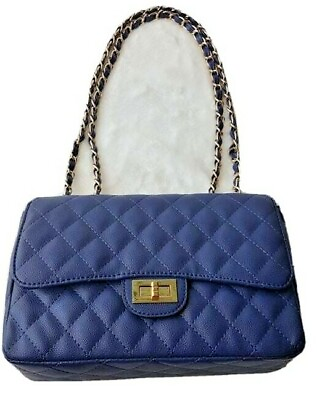 #ad New Isabelle Vegan Leather Quilted Medium Blue Shoulder Bag