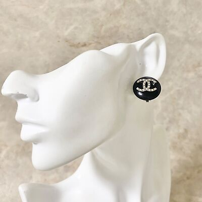 #ad CHANEL Earrings Coco mark rhinestone black silver stone logo Ladies Accessories