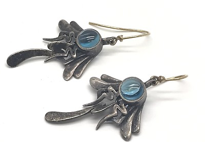 #ad 14k Gold Sterling 925 Handmade Modernist Blue Topaz Butterfly Dangle Earrings