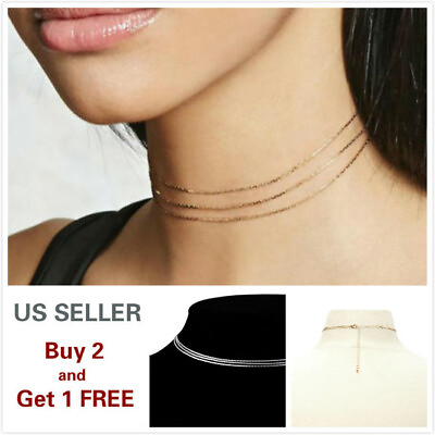 #ad Choker Metal Gold Silver Necklace 3 Layer Chain Collar Women Dress Jewelry A*