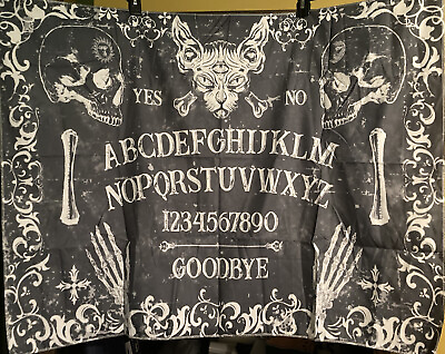 #ad NEW 38” x 30” Skulls amp; Cat Ouija Spirit Board ￼Gray amp; White Tapestry Wall Decor