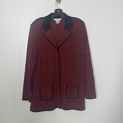 #ad Misook Sweater Large Red amp; Black Metallic Winter Knit Cardigan