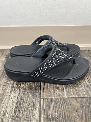 #ad Crocs Monterey Shimmer Wedge Flip Women Sandal Black Sz. 9 G2