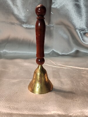 #ad Vintage Antique Tall Brass Hand Bell With Wood Handle School Dinner Bell 8.5”