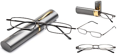 #ad Slim Tube Readers Reading Glasses in Aluminum Hard Case Gunmetal Compact Reader