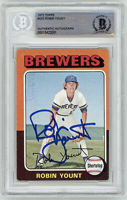 #ad 1975 BREWERS Robin Yount signed ROOKIE card Topps #223 Beckett Slab AUTO RC HOF