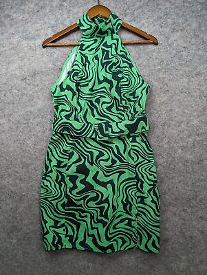 #ad ASOS DESIGN Dress Womens 6 Green Swirl High Neck Belted Twill Mini Sheath