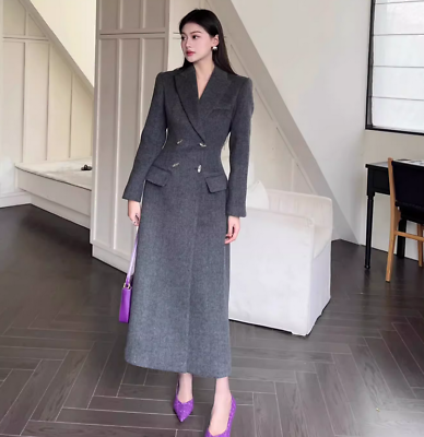 #ad Grey Suit Woolen Coat Women#x27;s New Fashionable Long Thick Slim Fit Trench Outwear