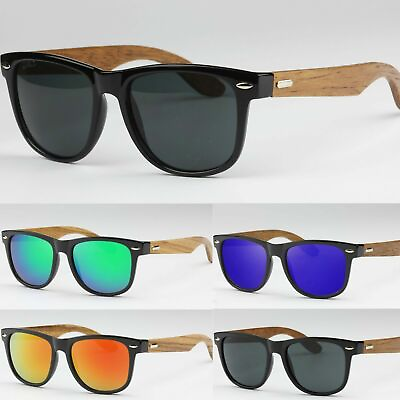 #ad Bamboo Wood Textured Real Wood Temples Square Mens Womens Sunglasses UV400 Retro