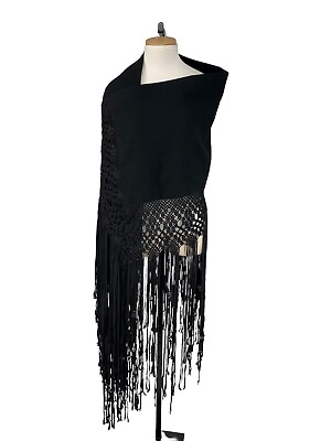 #ad Vintage 20’s Wool And Silk Ribbon Macrame Fringe Wrap Black