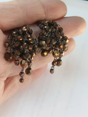 #ad Vintage Bronze Tone Faceted Beaded Chain Clip On Earrings Waterfall Dangle