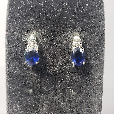 #ad Pierced Earrings Silver Tone Studded Blue Stone Mid Century Modernist Boho .5quot;