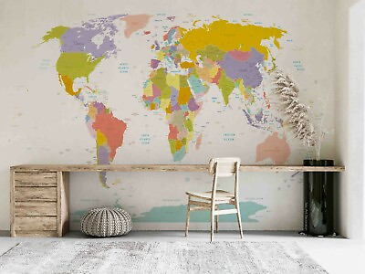 #ad 3D Colorful World Map Wallpaper Wall Mural Removable Self adhesive 1974