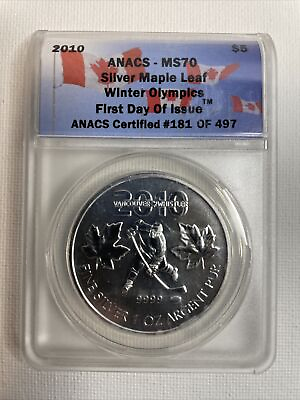 #ad 2010 Silver Maple Leaf Winter Olympics ANACS MS70 1st Day Of Issue #181 OF 497