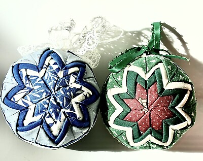 #ad Set Of 2 Vintage Hand Made Star Quilted Christmas Ornament 3quot;