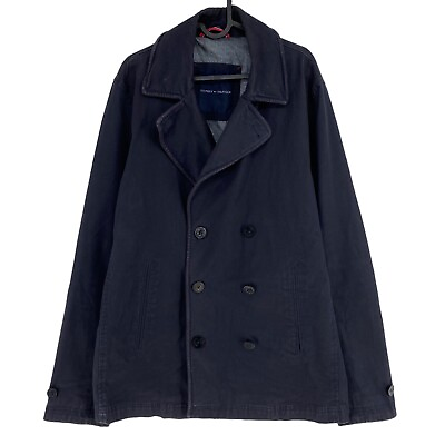 #ad TOMMY HILFIGER Navy Blue Cotton Blend Over Coat Jacket Size L