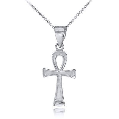 #ad Solid 14k White Gold Ankh Cross Charm Necklace