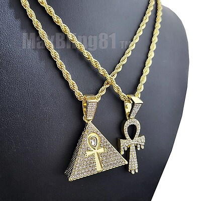 #ad Iced Cubic Zirconia Pyramid amp; Ankh Cross Pendant amp; Rope Chain Hip Hop 2 Necklace