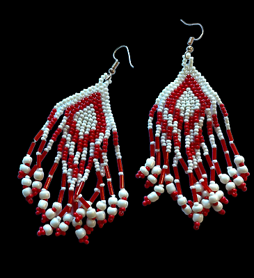 #ad Fashion Seed Bead Earrings long dangling strands red white