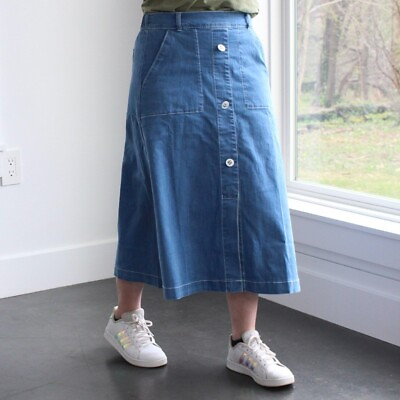 #ad NWT Hope and Joy Long Midi Faux Button Front Size M Medium Denim Blue Jean Skirt
