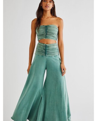 #ad Free People Jayla Ruched Wide Leg Pants High Waist Green Endless Summer New L