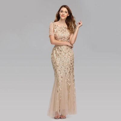 #ad Women Evening Dresses Short Sleeve Lace Tulle Long Party Gown Sexy Formal Robe