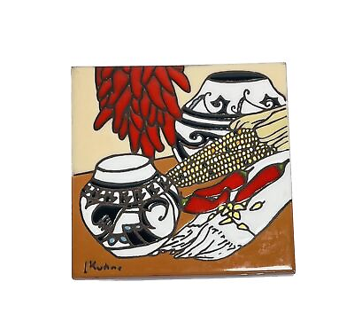 #ad Vintage L Kuhne Chilies Handcrafted Ceramic Trivet Tile Walk Art Pots Corn etc $14.33