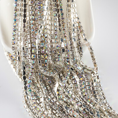 #ad 1Yard 2mm 4mm Glitter Sew On Rhinestones Flatback Dense Claw Chain Crystals Gems
