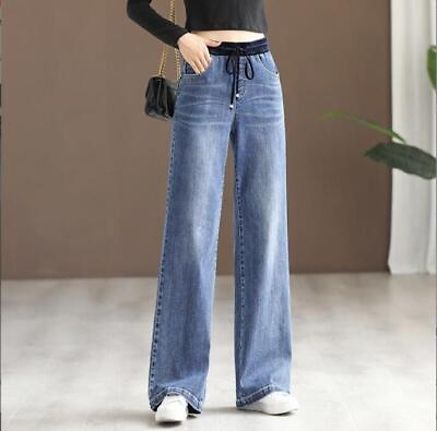 #ad New Women#x27;s Straight Jeans High Waist Denim pant Casual Elastic waist trousers