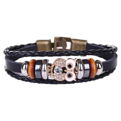 #ad Multilayer Owl Leather Bracelets Punk Handmade Braided Beads Wristband Cuff
