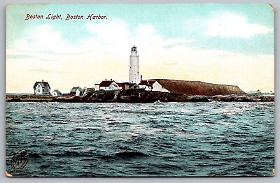 #ad Boston Light Harbor Lighthouse Oceanfront Ocean Shoreline Coast Vintage Postcard