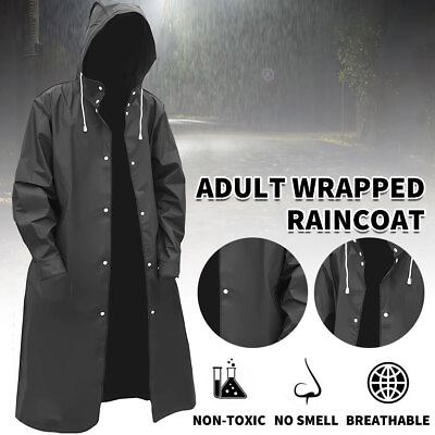 #ad Men Black Waterproof Long Raincoat Rain Coat Hooded Trench Jacket Outdoor Hiking