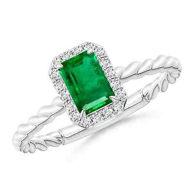 #ad ANGARA Emerald Cut Emerald Halo Twisted Shank Engagement Ring in 14K Gold