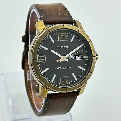 #ad Men#x27;s TIMEX Mod 44 Gold Tone Brown Leather Classic Watch Day Date 44mm Quartz