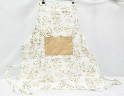 #ad Cotton Holiday Chef Apron Gold Tone Metallic Holly Leaves