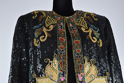 #ad VTG Judith Ann Size S Shimmer Sequins Beaded Embroidered Open Jacket Silk India