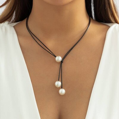 #ad 3 LARGE SIMULATED DROP PEARL CHOKER NECKLACE WITH BLACK LEATHER CORD NEW BOHO