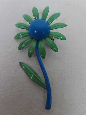 #ad Blue amp; Green Daisy Enamel Flower Pin Brooch 70s Vibe Hippie Flower Power Vintage
