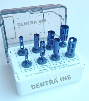 #ad Dental Trephine Drills Long Titanium Coated Kit 8 Pcs Implant Blue amp; Holder CE