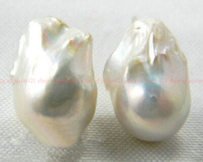 #ad Huge 14x20mm White Natural Freshwater Keshi Reborn Baroque Pearl Earrings AAA