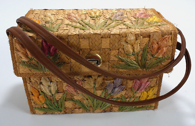 #ad Vintage Island Floral Raffia Woven Straw Handbag Purse Hawaiian 10.5quot;x7quot;x5.5quot;