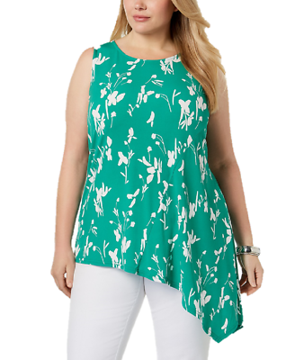 #ad ALFANI Women#x27;s Plus Size 2X Printed Asymmetrical Hem Top Green Bicolor $65.50